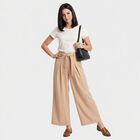 Women's Beige Wide Leg Pleated Trousers, गहरा पीला, small