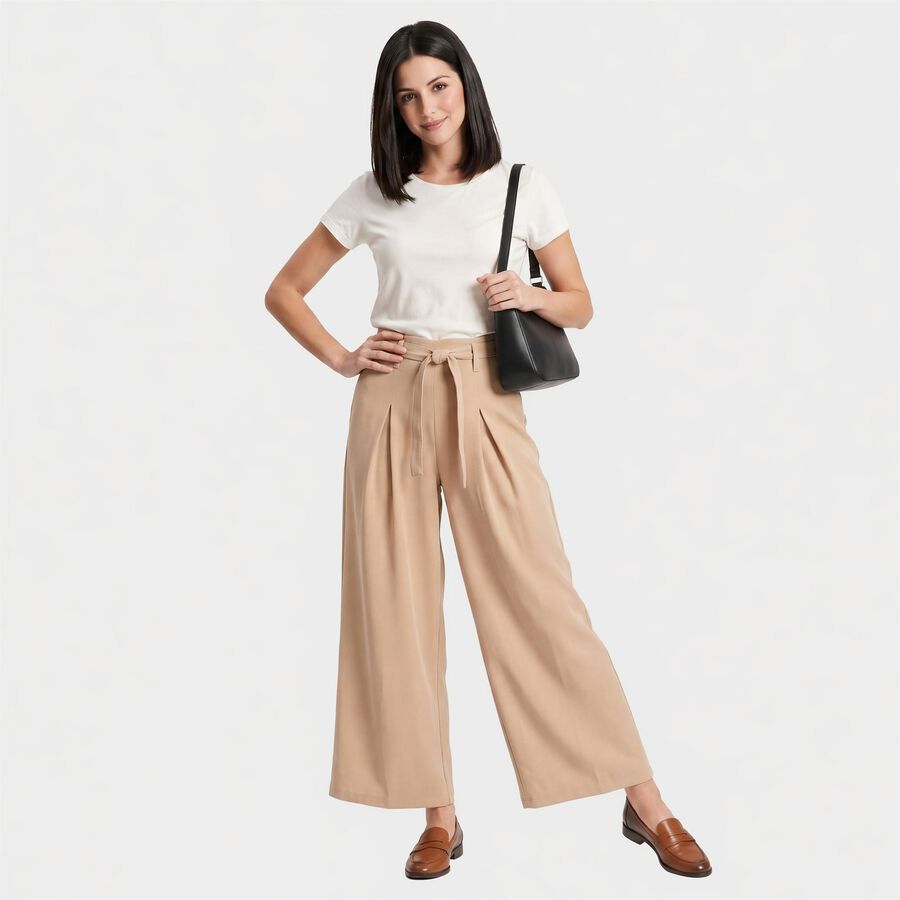 Women's Beige Wide Leg Pleated Trousers, गहरा पीला, large