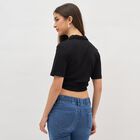 Women's Jet Black Cotton Collared Casual Crop Top, काला, small