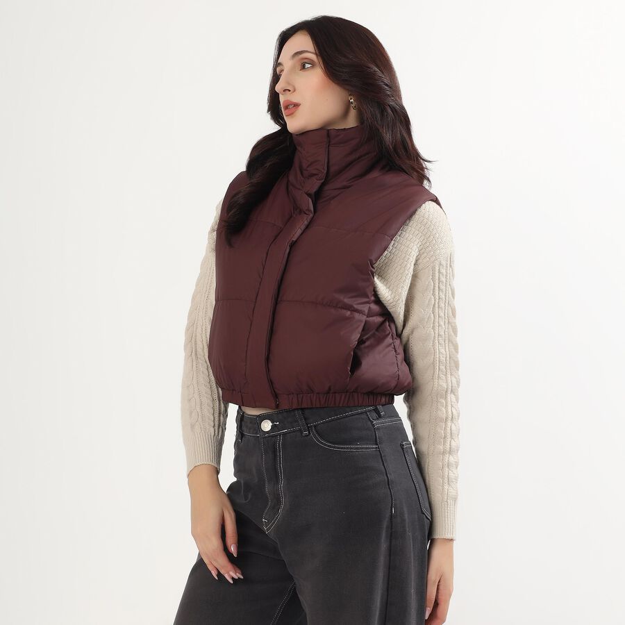 Women's Deep Maroon High Neck Sleeveless Puffer Jacket, Wine, large image number null