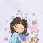 Girls White Cotton Round Neck Cartoon Printed T-Shirt, White, small