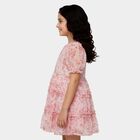 Girls' Pink Round Neck Ruffle Sleeve Fit and Flare Dress, Light Pink, small