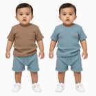 Infants' Brown and Blue Cotton Round Neck Waffle Knit Baba Suit, टील ब्लू, small