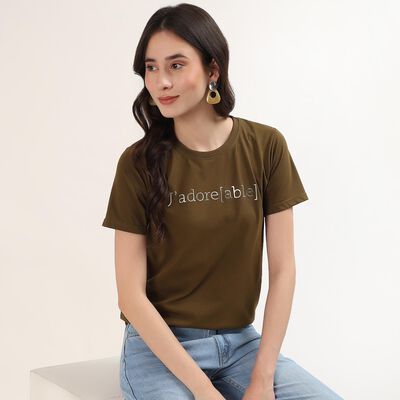 Women's Olive Cotton Round Neck Casual T-Shirt