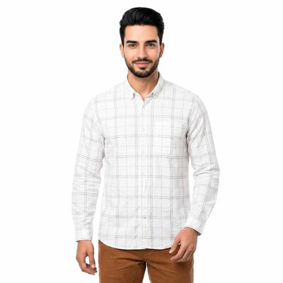 Men's White Cotton Long Sleeve Button-Down Regular Fit Casual Shirt