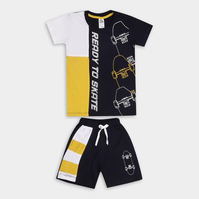 Boys' Navy Cotton Round Neck Graphic Baba Suit
