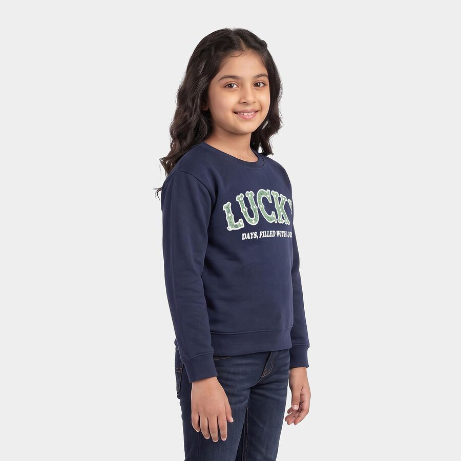 Girls' Navy Blue Crew Neck Pullover Sweatshirt, नेवी ब्लू, large