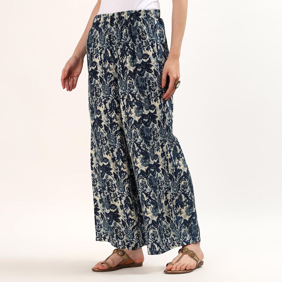 Women's Navy Blue Relaxed Fit Printed Palazzos, ऑफ व्हाइट, large