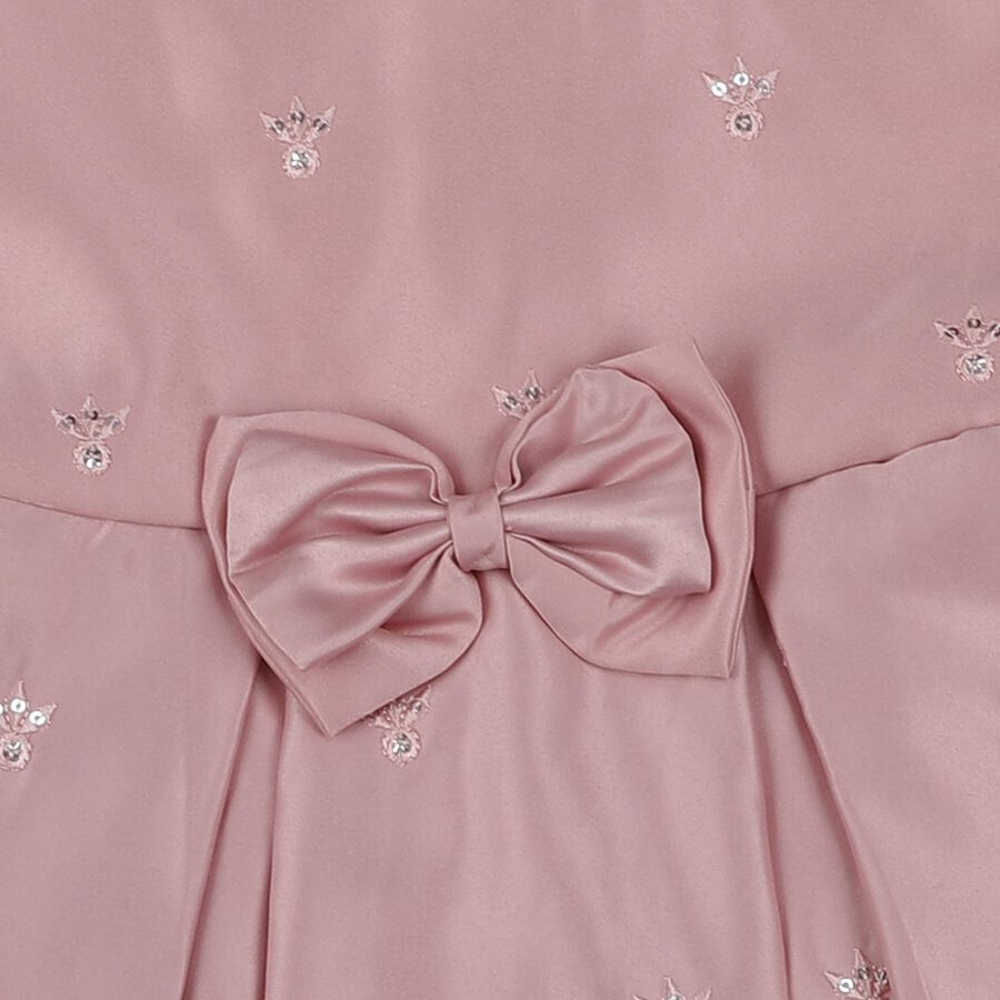 Girls' Pink Embroidered Bow Party Wear Frock, हल्का गुलाबी, large