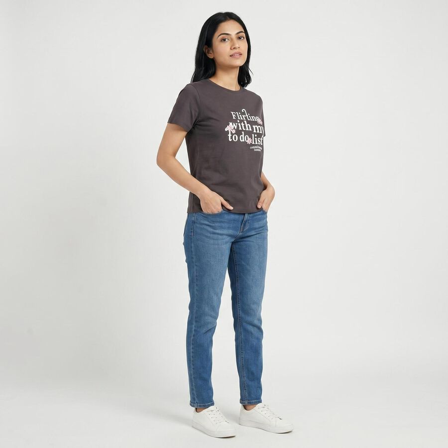 Women Dark Grey Round Neck Regular T-Shirt, Dark Grey, large