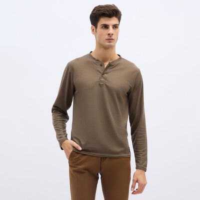 Men's Muted Khaki Henley Neck Casual T-Shirt