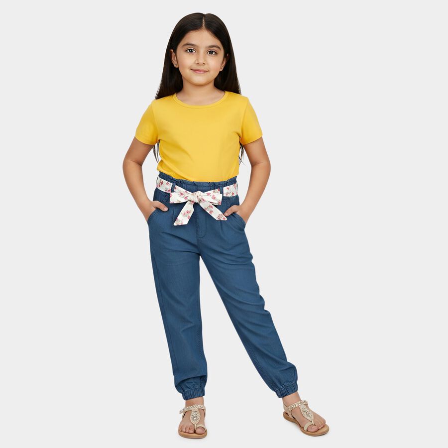 Girls' Mid Blue Regular Fit Paperbag Waist Jeans, Mid Blue, large