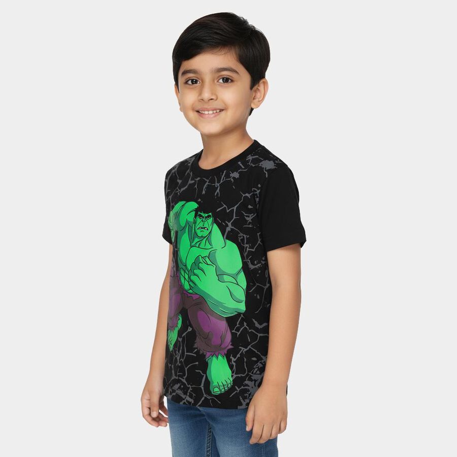 Boys Black Cotton Round Neck Hulk Printed T-Shirt, Black, large