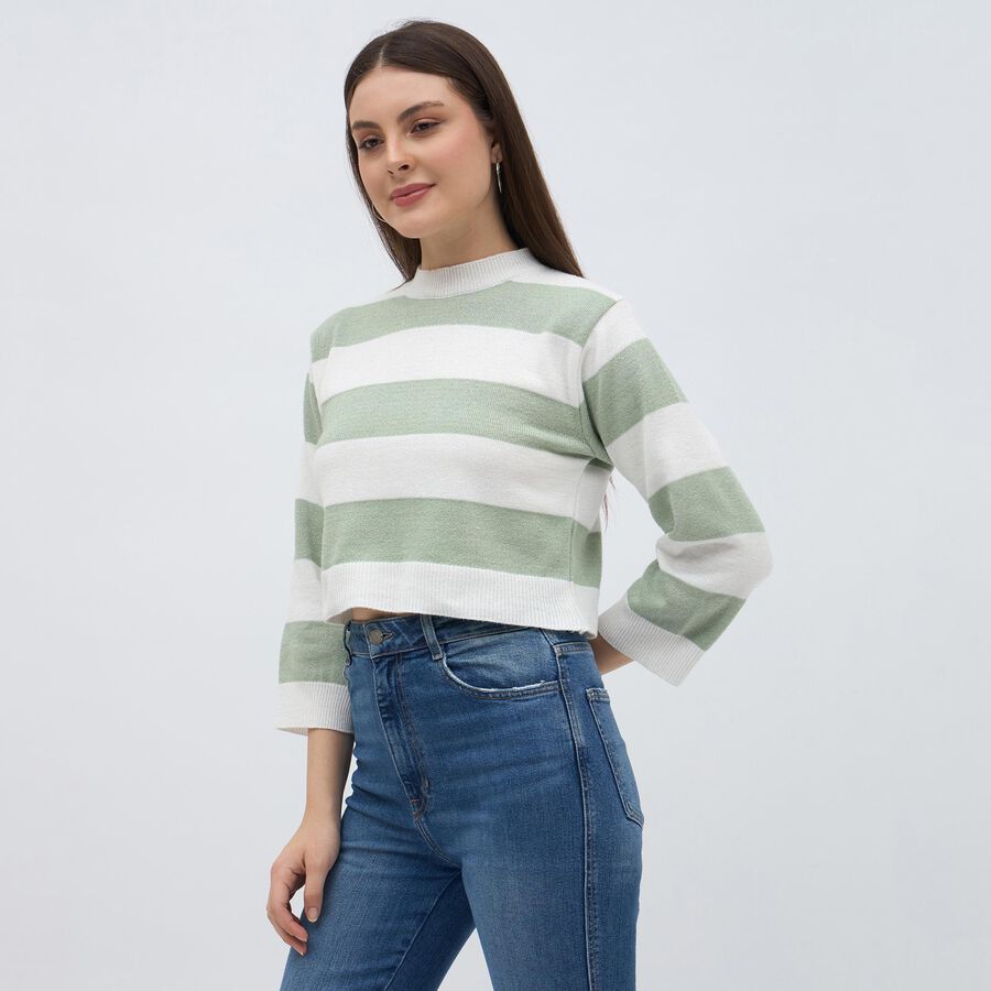 Women's Light Sage Green Crew Neck Casual Pullover, हल्का हरा, large image number null