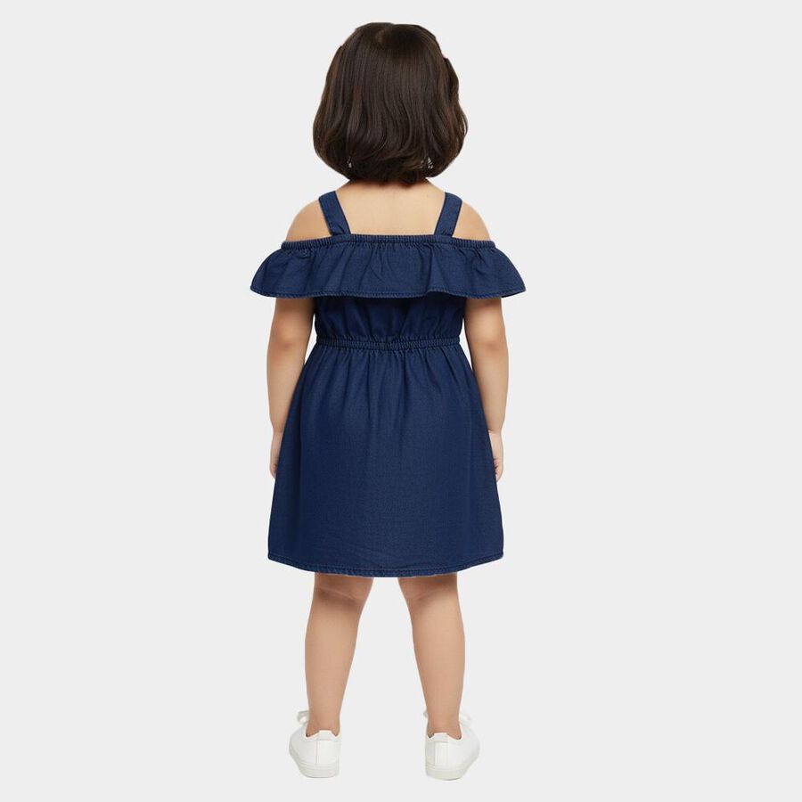 Girls' Deep Indigo Blue Regular Fit Cold Shoulder Embroidered Frock, Dark Blue, large