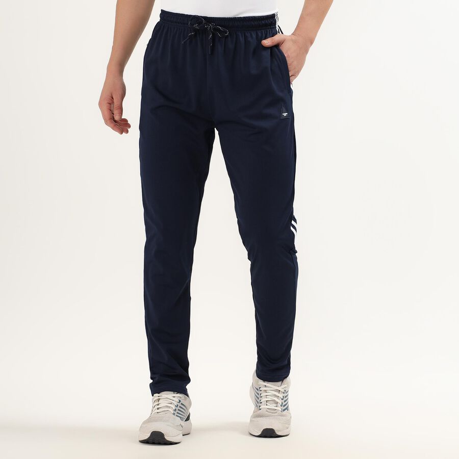 Men's Deep Midnight Navy Slim Fit Side-Striped Track Pants, Dark Blue, large image number null