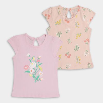 Girls' Light Pink and Peach Cotton Round Neck Floral Print T-Shirt