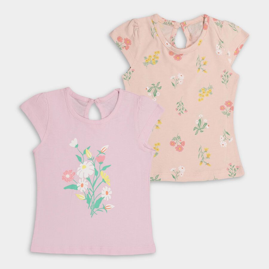 Girls' Light Pink and Peach Cotton Round Neck Floral Print T-Shirt, लाइलेक, large image number null