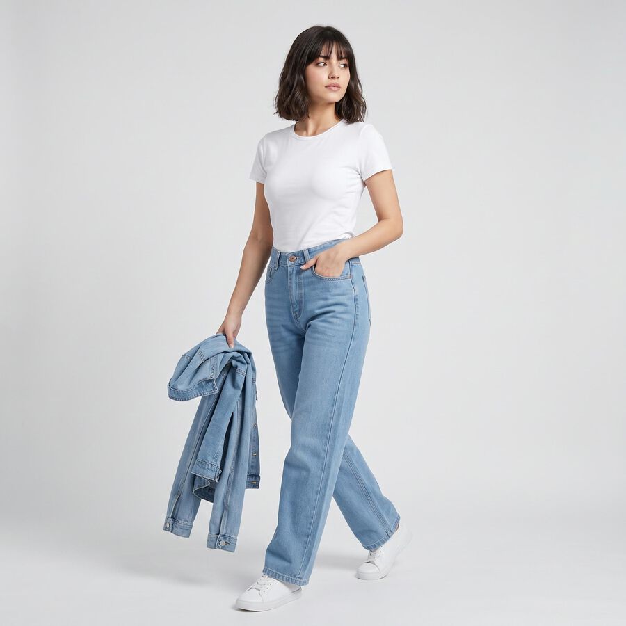 Women's Light Blue Straight Fit Washed Jeans, हल्का नीला, large