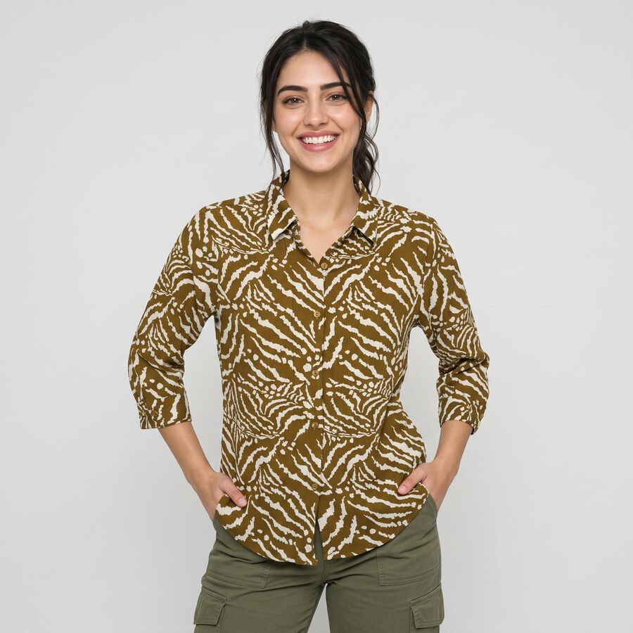 Women's Olive Green Printed Collar Regular Fit Shirt, ओलिव, large