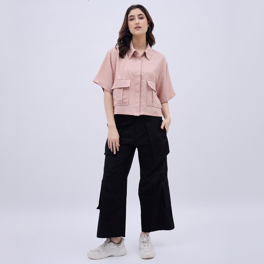 Women's Jet Black Wide-Leg Cargo Trousers, काला, large image number null
