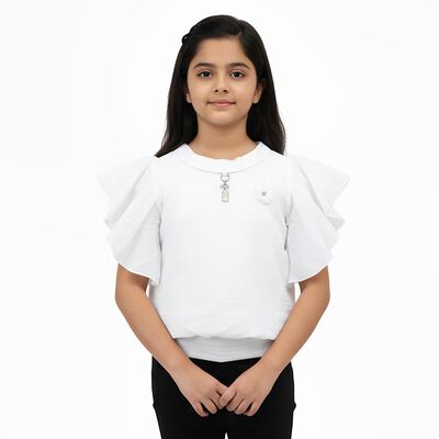 Girls' Bright Snow White Round Neck Romantic T-Shirt