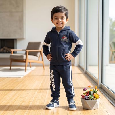 Boys Navy Blue Hooded Graphic Print Baba Suit