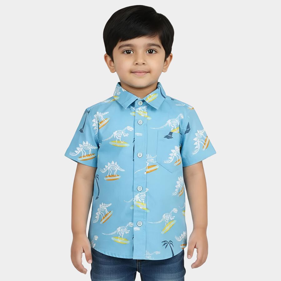 Boys Mid Blue Cotton Collar Casual Shirt, Mid Blue, large