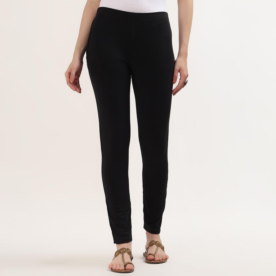 Women's White Slim Fit Solid Cotton Churidar, Black, large