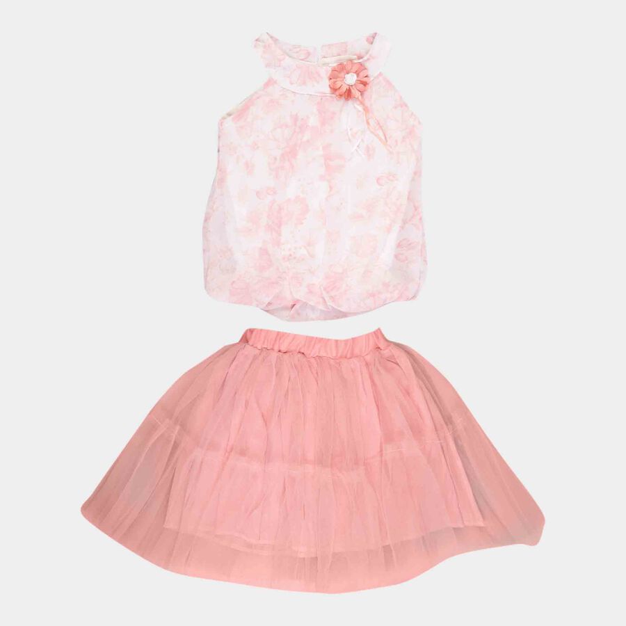 Girls Printed Skirt Top Set, Off White, large image number null