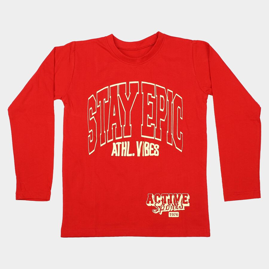 Boys Red Cotton Blend Crew Neck Regular Boys T-Shirt, Red, large
