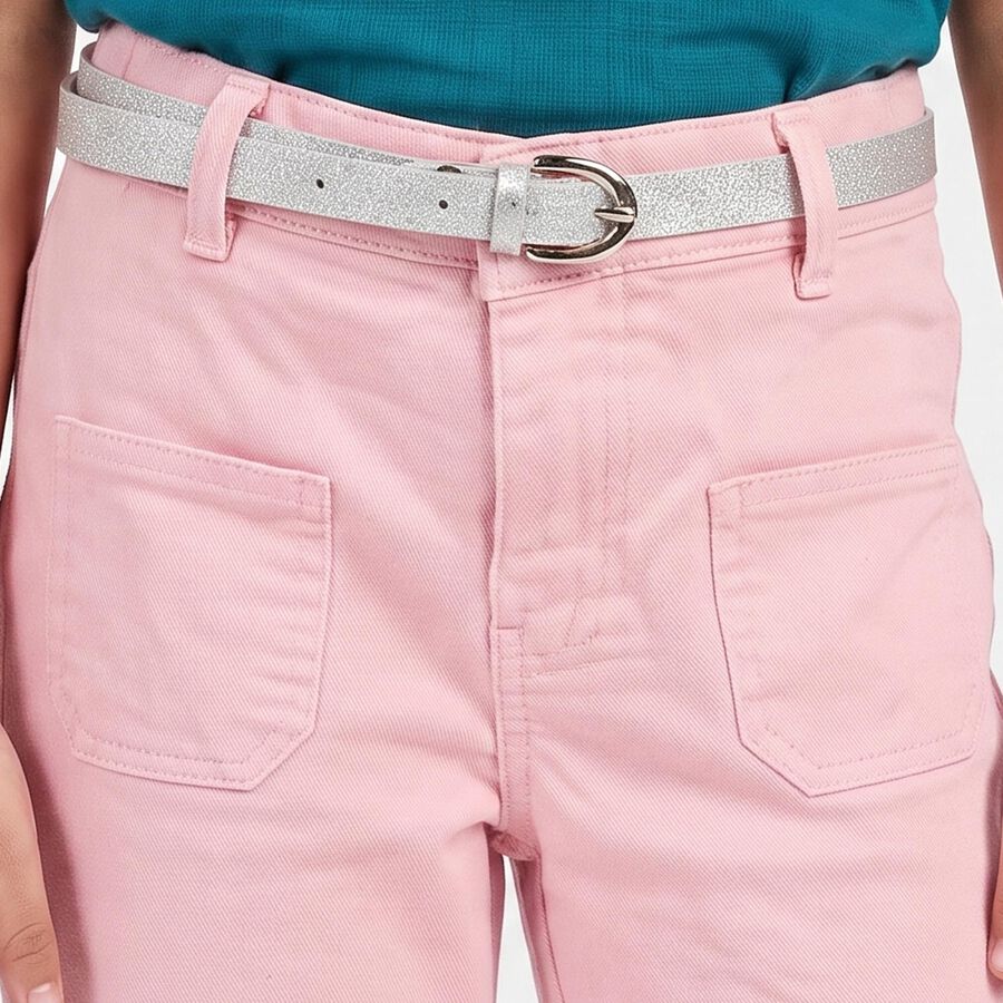 Girls Pink Flared Fit Patch Pocket Jeans, हल्का गुलाबी, large