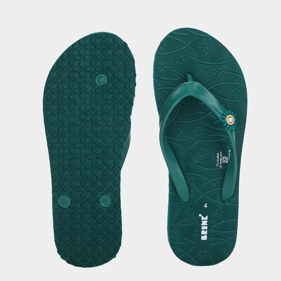 Women's Green Embellished Flip-Flops Slippers, हरा, large