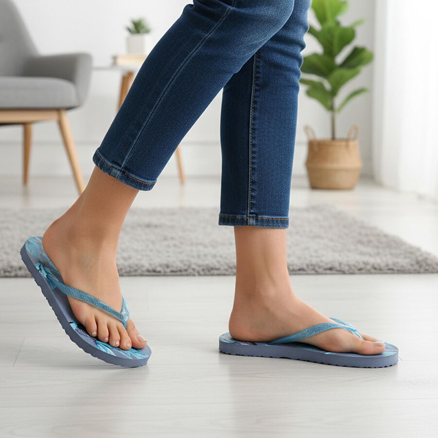 Women's Blue Printed Thong Strap Flip-Flops, Blue, large