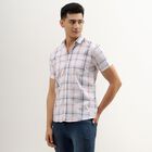 Men's White Cotton Regular Collar Checked Casual Shirt, Pink, small