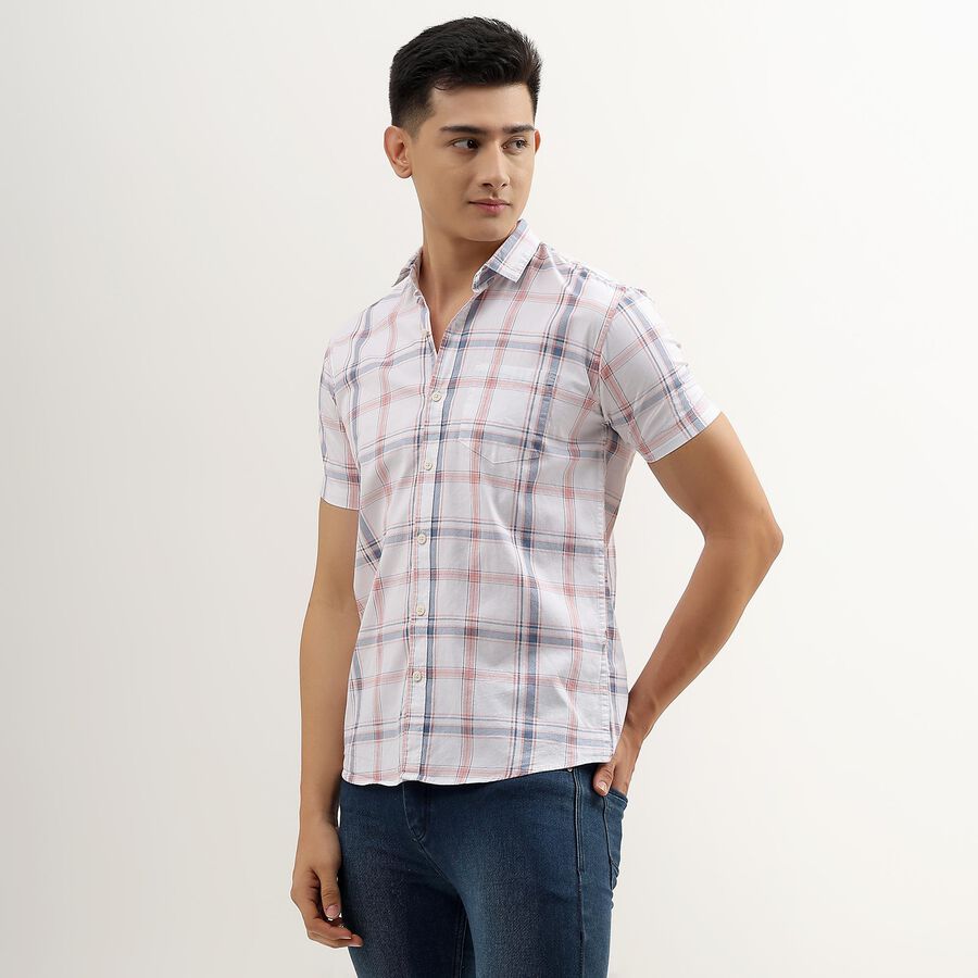 Men's White Cotton Regular Collar Checked Casual Shirt, Pink, large