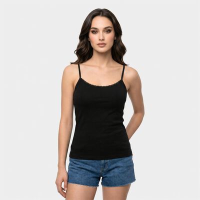 Women's Black Cotton Blend Scoop Neck Camisole Slip