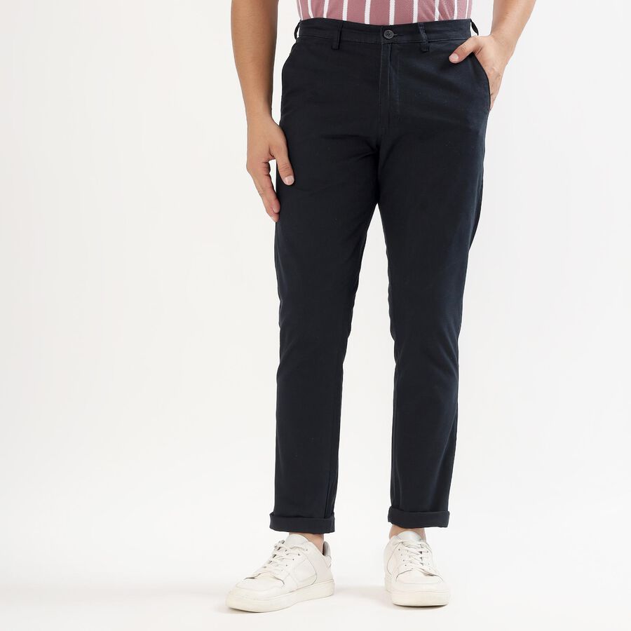 Men's Jet Black Slim Fit Casual Trousers, नेवी ब्लू, large image number null