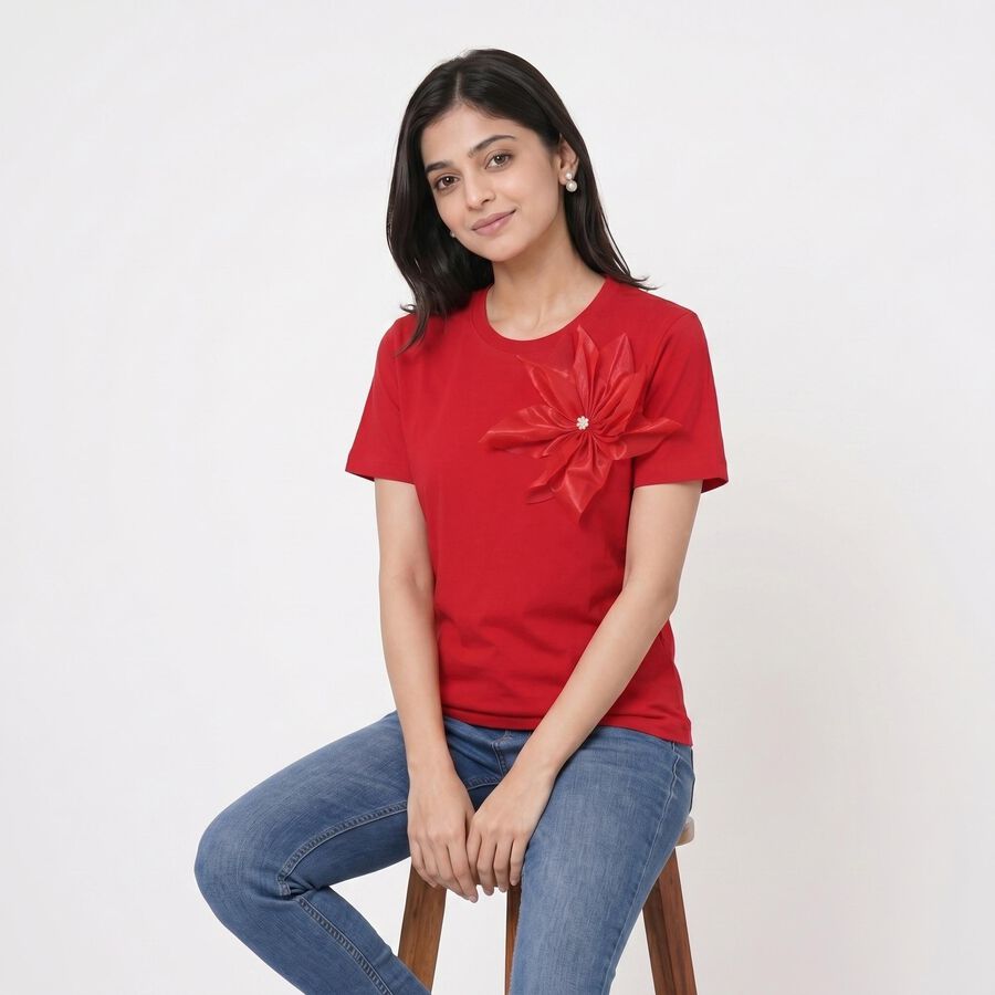Women Fuchsia Round Neck Regular T-Shirt, Fuchsia, large