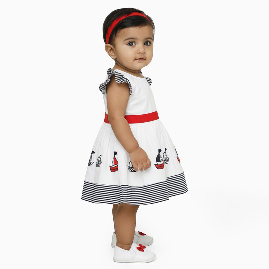 Infants' White Cotton Nautical Print Flutter Sleeve Frock, नेवी ब्लू, large image number null