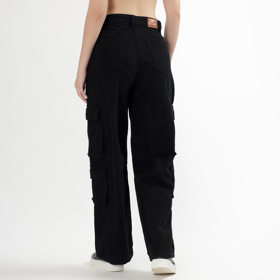 Women's Jet Black Wide Leg Cargo Jeans, काला, large image number null