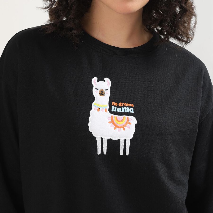 Women's Jet Black Crew Neck Casual Sweatshirt, Black, large image number null