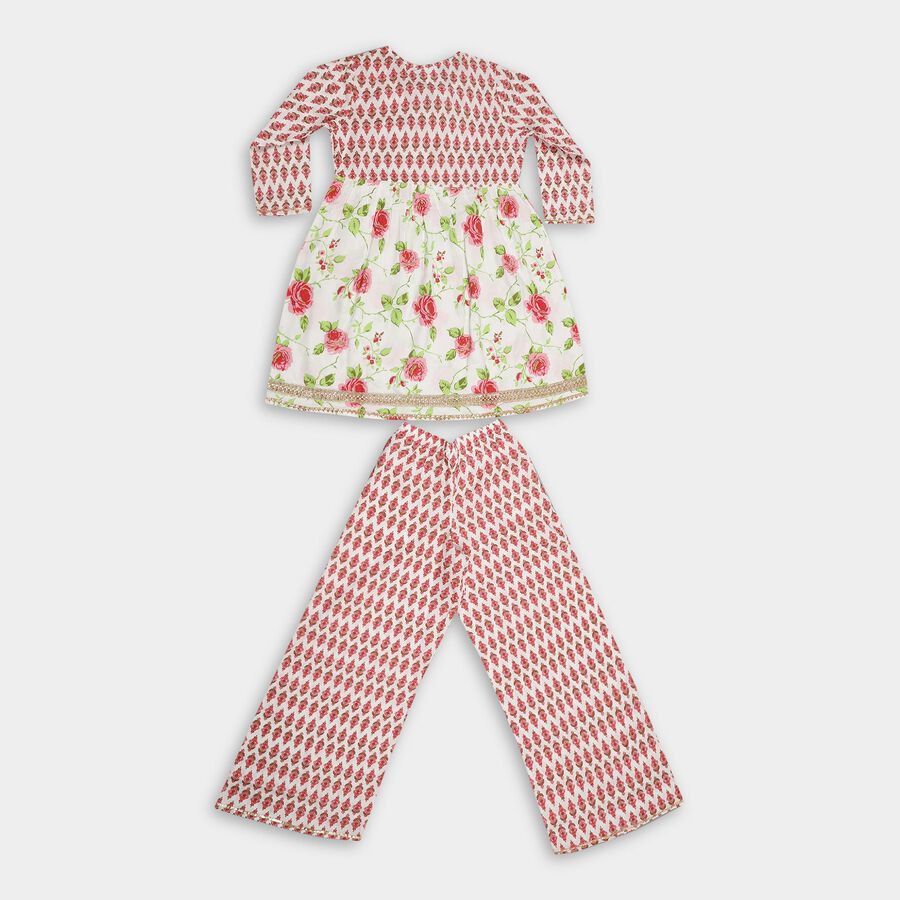 Girls' Bright White and Red Floral Printed Top and Pants Fusion Set, Off White, large image number null