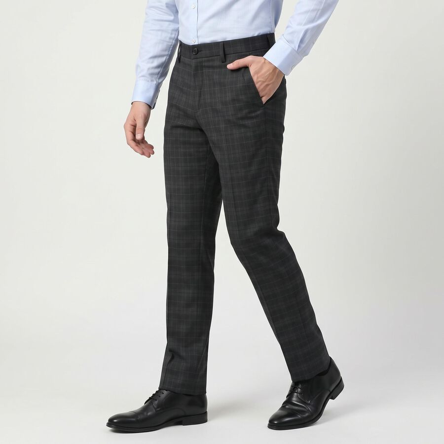 Men's Navy Blue Slim Fit Checked Formal Trousers, Dark Blue, large