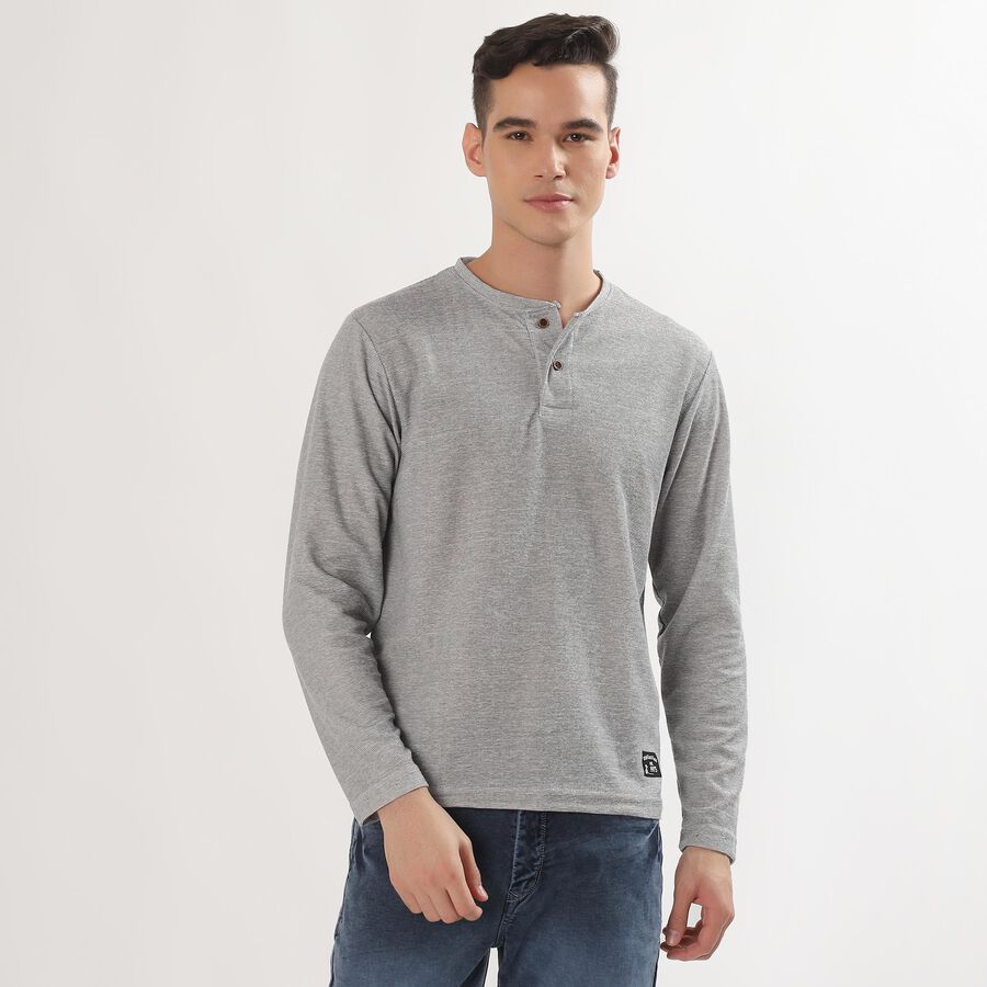 Men's Dark Grey Henley Neck Casual T-Shirt , Dark Grey, large image number null