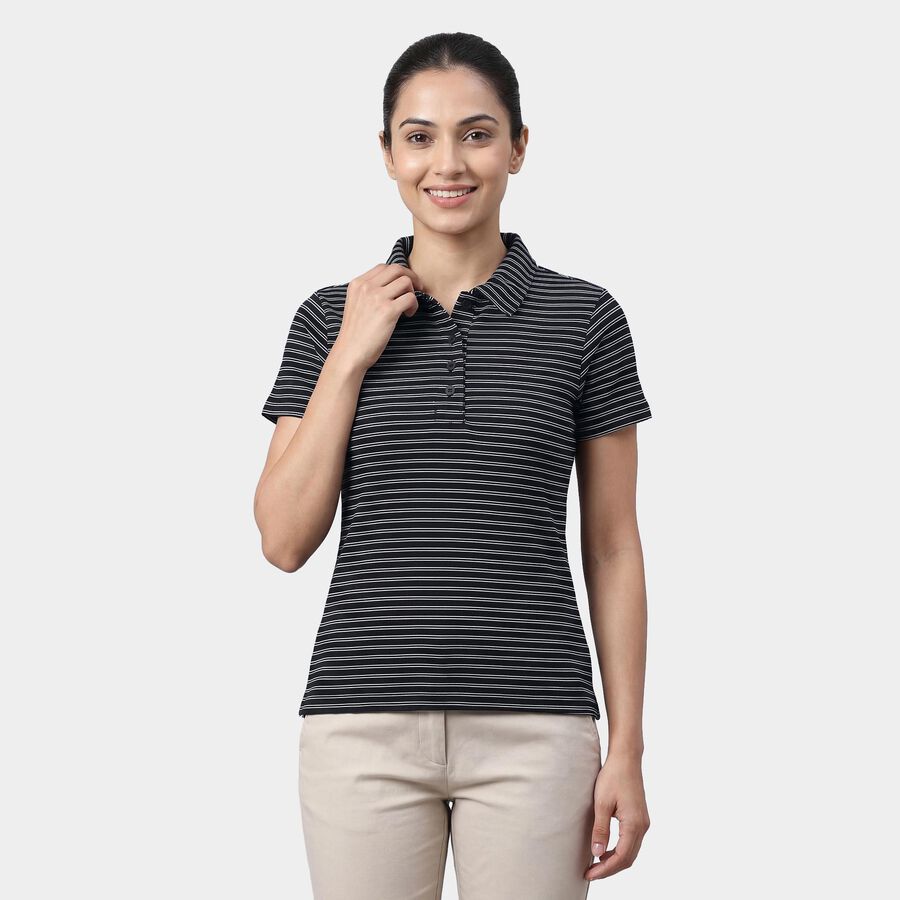 Women's Black Polo Collar Preppy Polo T-Shirt, Black, large