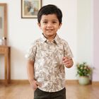 Boys' Beige Cotton Spread Collar Shirt, गहरा पीला, small