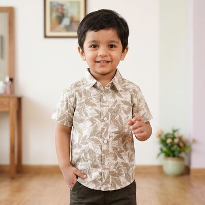 Boys' Beige Cotton Spread Collar Shirt