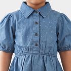 Girls' Blue Fit and Flare Embellished Shirt Collar Frock, मध्यम नीला, small