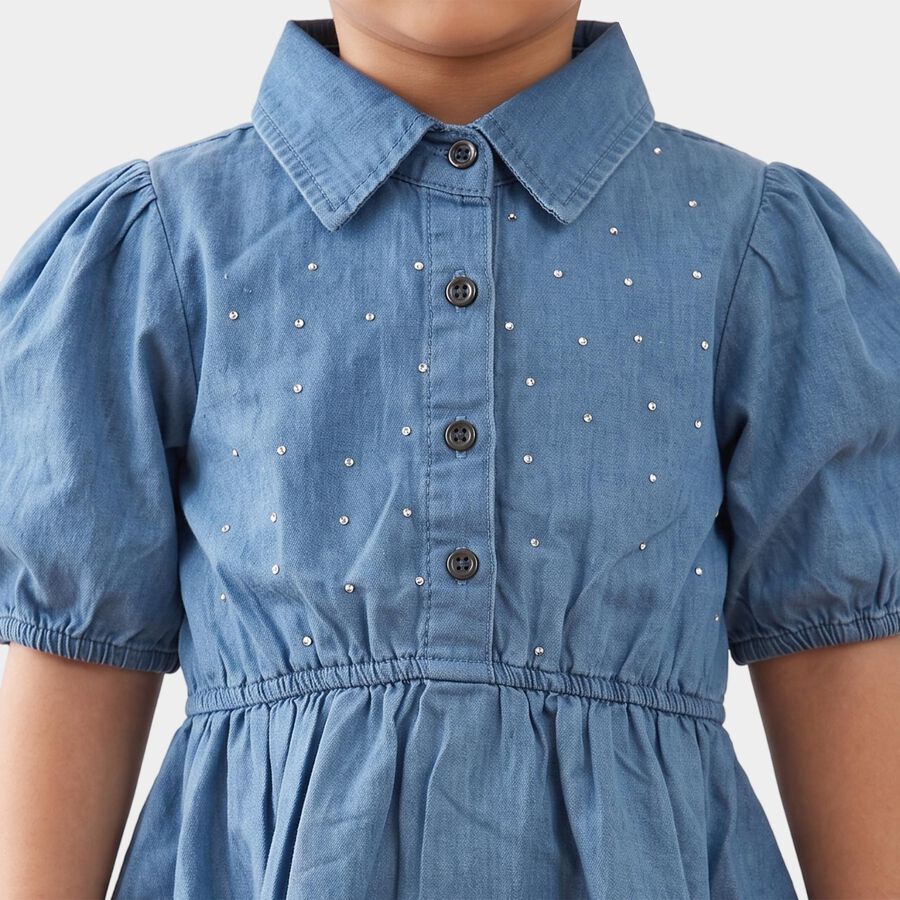 Girls' Blue Fit and Flare Embellished Shirt Collar Frock, मध्यम नीला, large